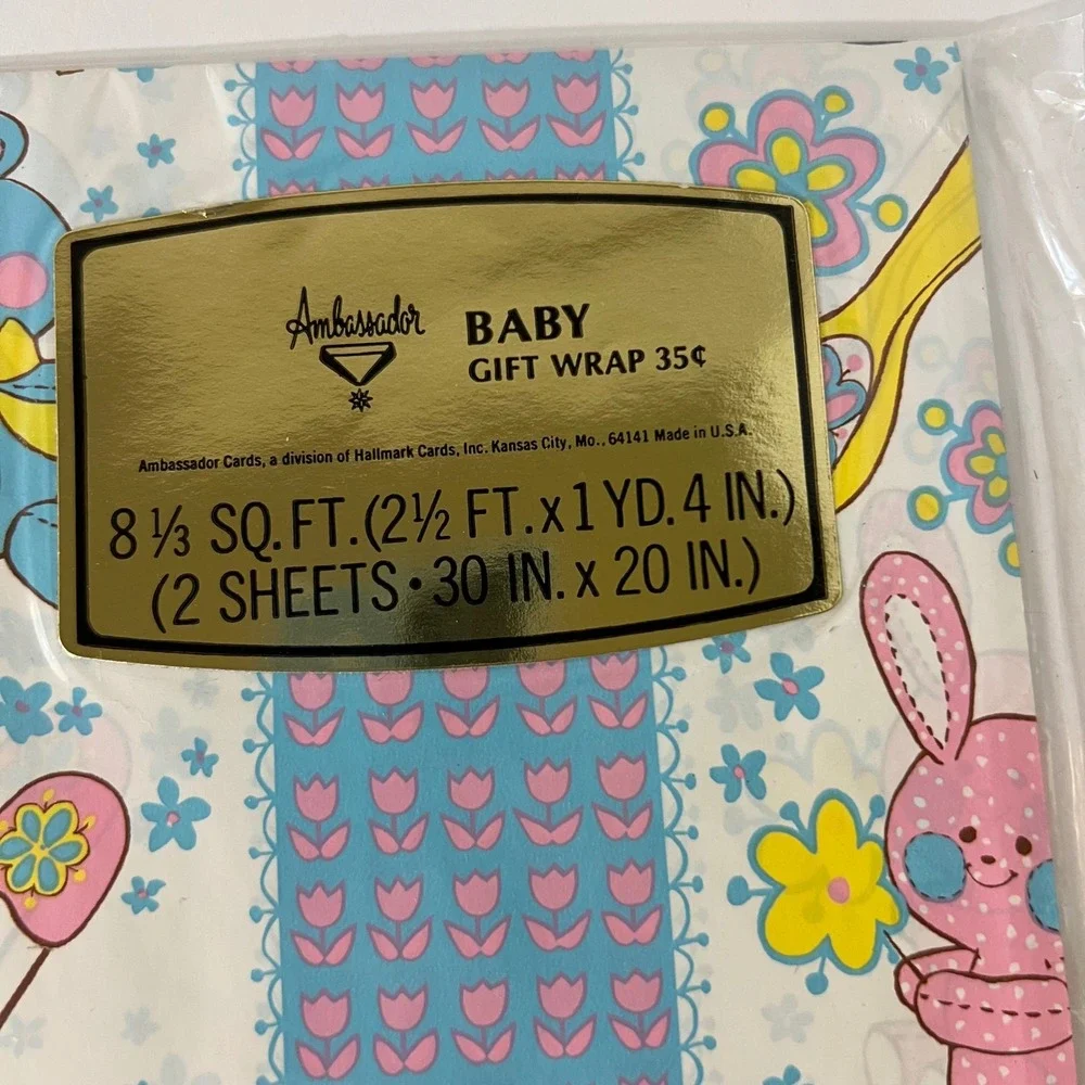 Vintage Ambassador Hallmark Baby Gift Wrap 2 Sheets Blue Bear Pink Bunny USA